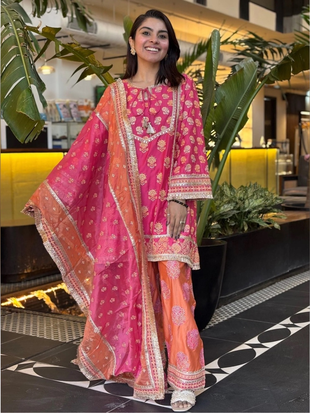 Mulmul brand Aphinya Pima Satin Fuschia Kurta Set